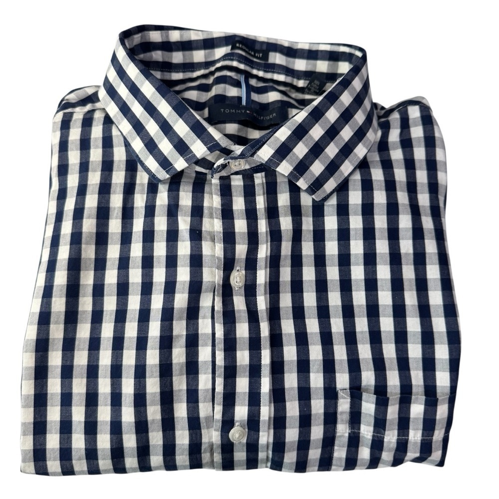 Tommy Hilfiger Navy and White Checkered Casual Button Down Shirt